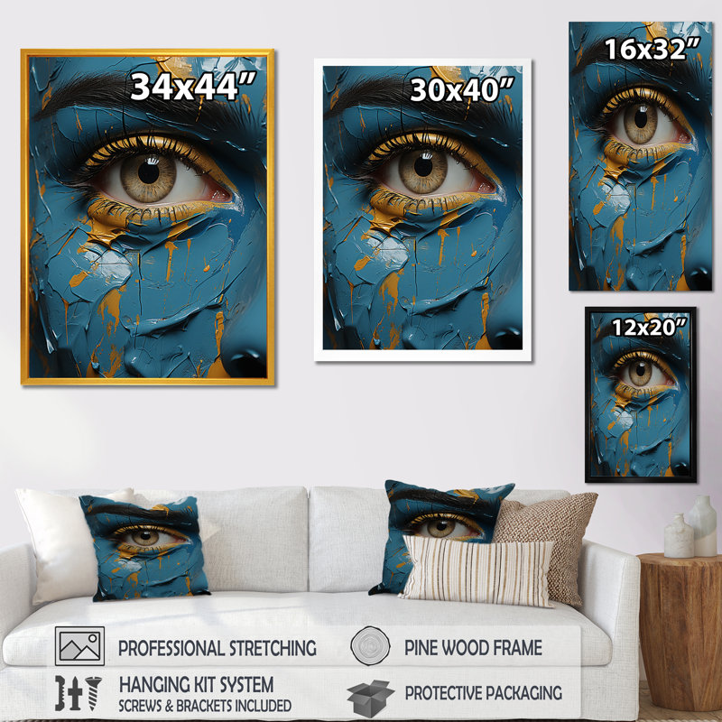 «Yellow and Blue Woman Eye Expressionism I», Cadre flottant noir, H 32 po x l 16 po x P 1 po