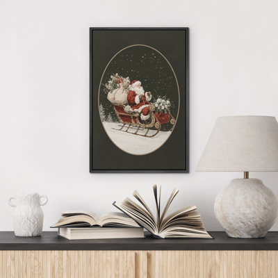 «Vintage Santa Sleigh Ride Christmas Illustration Holiday Wall Decor», reproduction d'art encadrée sur toile de la chambre principale