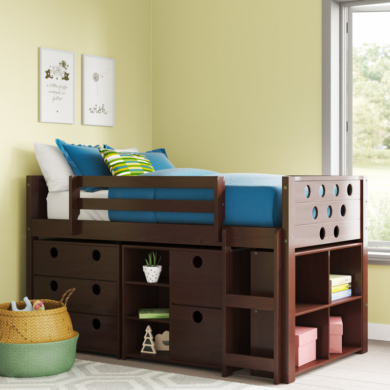 Abey Circles Twin Loft Bed with Storage and Bookcase, Dark Cappuccino