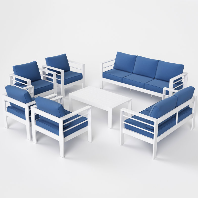 Tatisha 9-Person Aluminum Outdoor Conversation Set with Olefin Cushions, Blue, White