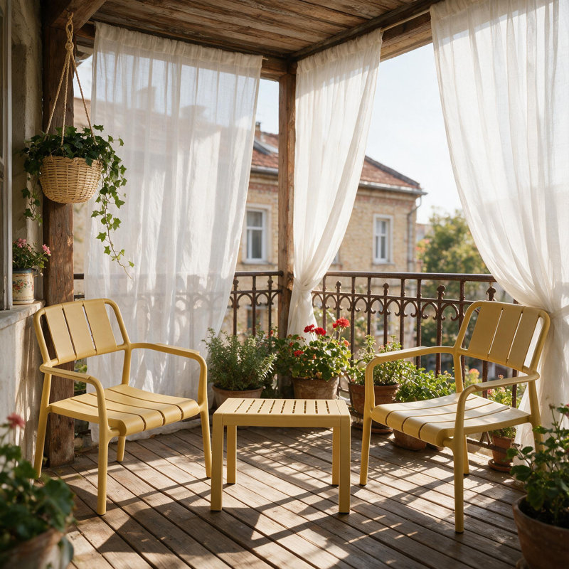 Ensemble de mobilier de patio 3 pièces, comprenant 2 fauteuils en plastique PP et une table basse d'appoint. Supporte jusqu'à 136 kg pour les fauteuils et 82 kg pour la table. Résistant aux rayons UV et aux intempéries. Ensemble bistro d'extérieur. Chaises livrées montées, table facile à installer. Couleur jaune. Parfait pour un balcon, un jardin ou une piscine.