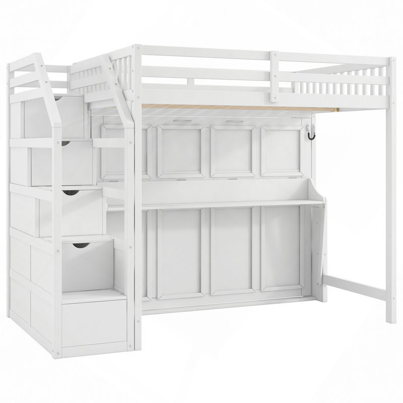 Lit mezzanine avec escalier de rangement et lit escamotable double avec lumière DEL