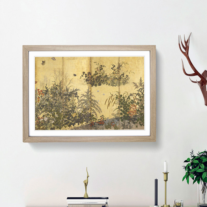Butterflies & Flowers by Tawaraya Sotatsu - Picture Frame Art Print, Oak Framed, 36cm H x 48cm W x 2cm D