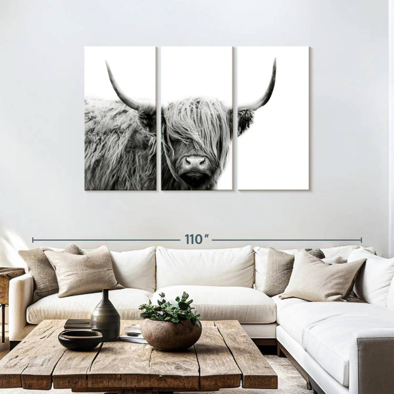 BW Highland Cow Wall Art, reproduction d'art sur toile, H 48 po x l 74 po x P 1,25 po