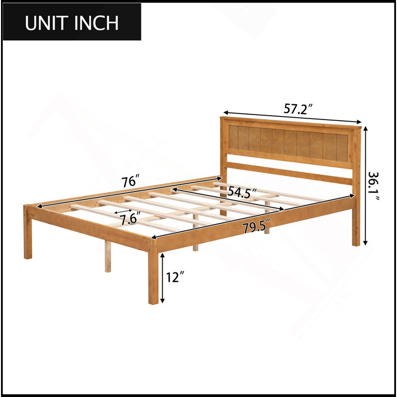 Structure de lit plateforme avec tête de lit, support à lattes de bois, aucun sommier requis, double, chêne