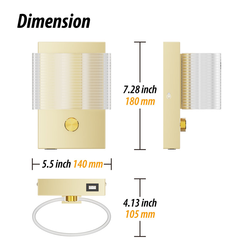 Wall Lamp With Dimmer Switch And USB Charging Port Oval Linear Sleek Lampshade , Gold