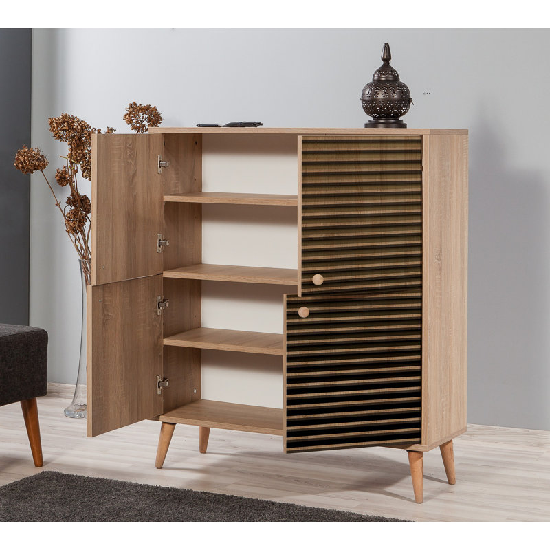 Modern Multi-Purpose Cabinet, Sonoma Oak, 37.4 x 43.7 x 14.2 inches | 100% Melamine Coated Particle Board, 0.71 inches Thick | Hornbeam Legs, Metal & Rope Handles, UV Coated, Wall-Fixable, Ample Storage