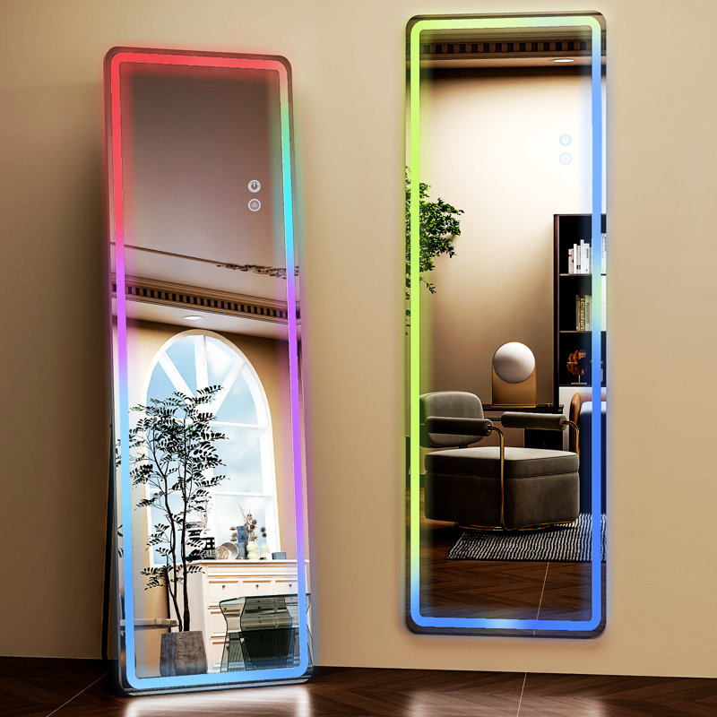 Full Length Mirror With RGB LED Light Floor Mirror Wall-Mounted, White, 63” x 24”
