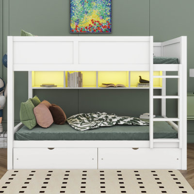 Lit double superposé au dessus d'un lit double avec 2 tiroirs, lit superposé en bois avec armoires de rangement et lumières DEL, aucun sommier nécessaire