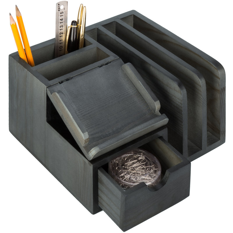 Isocrates Solid Wood Desk Organiser, Dark Grey
