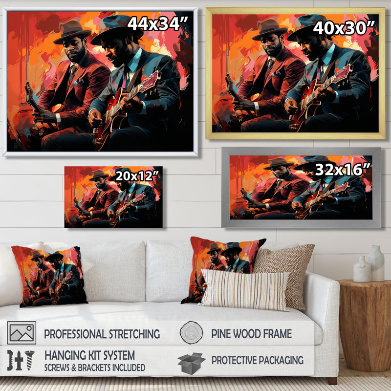 «Pink Jazz Duo», musique rétro, H 12 po x l 20 po x P 1 po, Toile avec cadre flottant noir