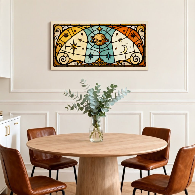 Motif cosmique en verre coloré avec planètes, étoiles et lune, H 20 po x l 40 po