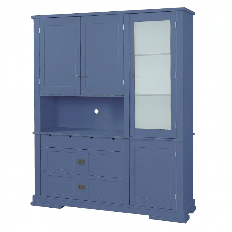Buffet de cuisine traditionnel autoportant avec huche, grande armoire de rangement, tablettes réglables et tiroirs, bleu