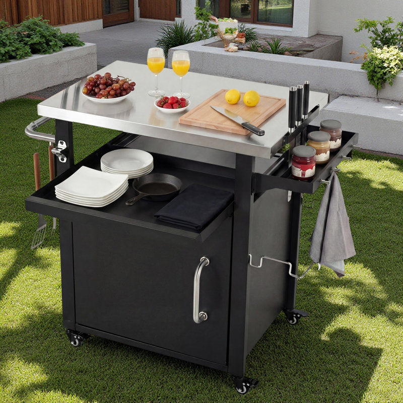 Îlot de cuisine avec roulettes, plateau en acier inoxydable, support à papier et couvercle imperméable pour l'extérieur