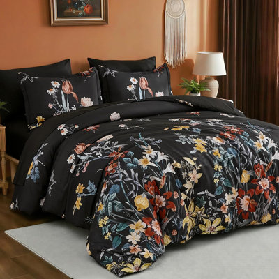 Ensemble d'édredon pour très grand lit 7 pièces, ensemble de literie dans un sac à motif floral noir avec motifs de fleurs botaniques, édredons légers et complets avec draps