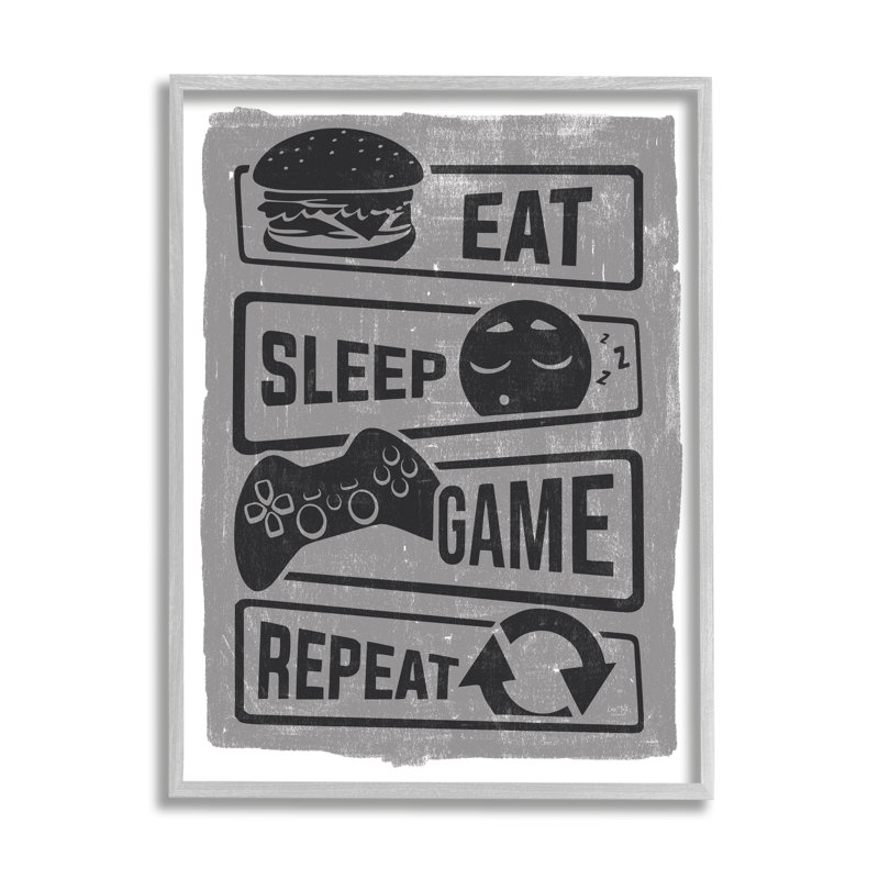 «Eat Sleep Game Répétez les phrases, les jeux vidéo» par Lux + Designs - impression d'art textuel, H 20 po x l 16 po x P 2 po