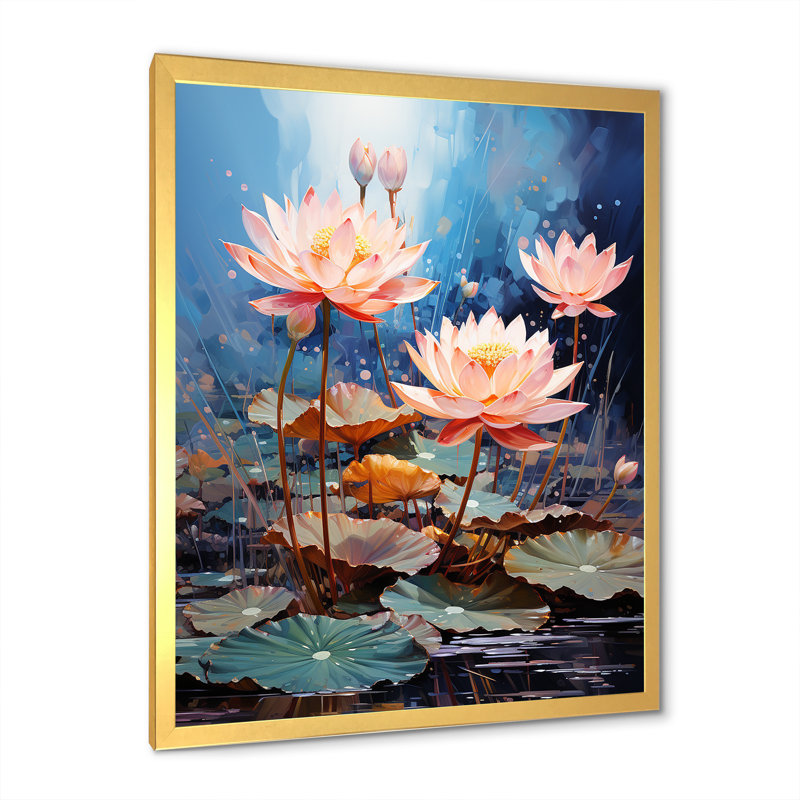 Fleurs de lotus étang harmonie sur toile, H 32 po x l 16 po x P 1 po, Cadre doré simple