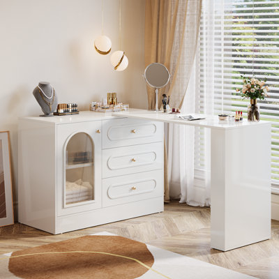 Modern Corner Vanity Desk with Storage, L-Shaped Makeup Vanity with Rotating Tabletop & Cabinet