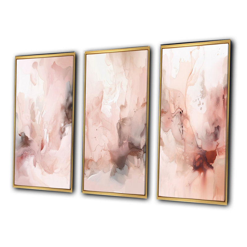 3 pièces sur toile - marbre délicat abstrait rose, H 40 po x l 60 po, Cadre flottant doré