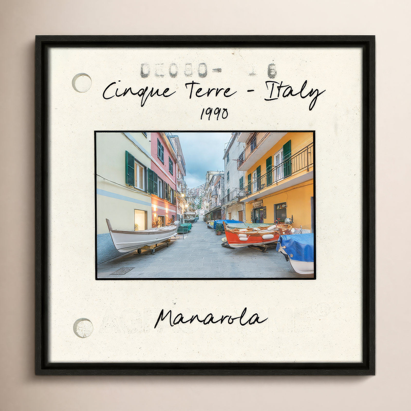 Travel Slide Collection "Cinque Terre - Manarola" Print, Espresso Floater Framed Canvas, 17.5" H x 17.5" W x 2" D