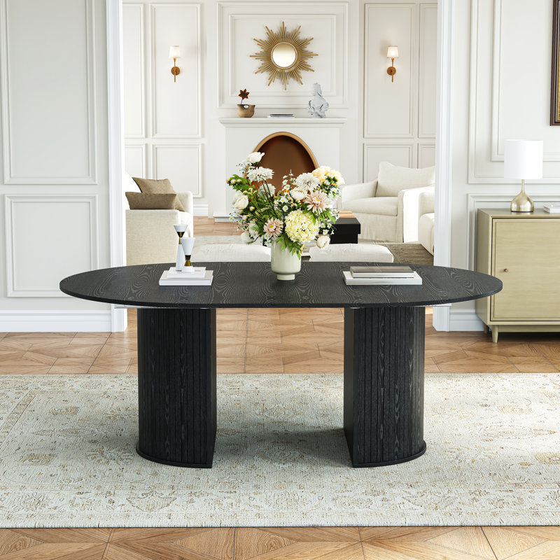 Expandable Dining Table, 45" To 105" With Vertical Fluted Double Pedestal Base, 4 Adjustable Lengths, Seats 2-10, Modern Farmhouse Kitchen Table