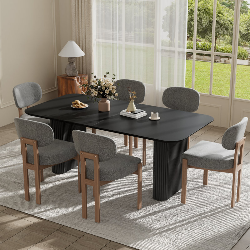 Ensemble de table de salle à manger 70,9 po, Noir, 7 Pieces: Table, 6 Chairs, Gris