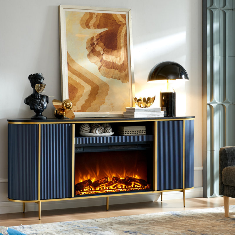 Iyes 70" W Engineered Wood TV Stand with Electric Fireplace, Dark Blue