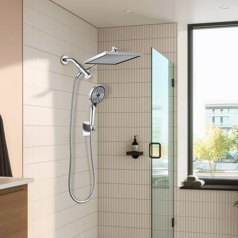 12" Rectangular Rainfall Shower Head and 6-Spray Handheld Shower Combo with 59-inch Hose Wall Mount Chrome, Chrome