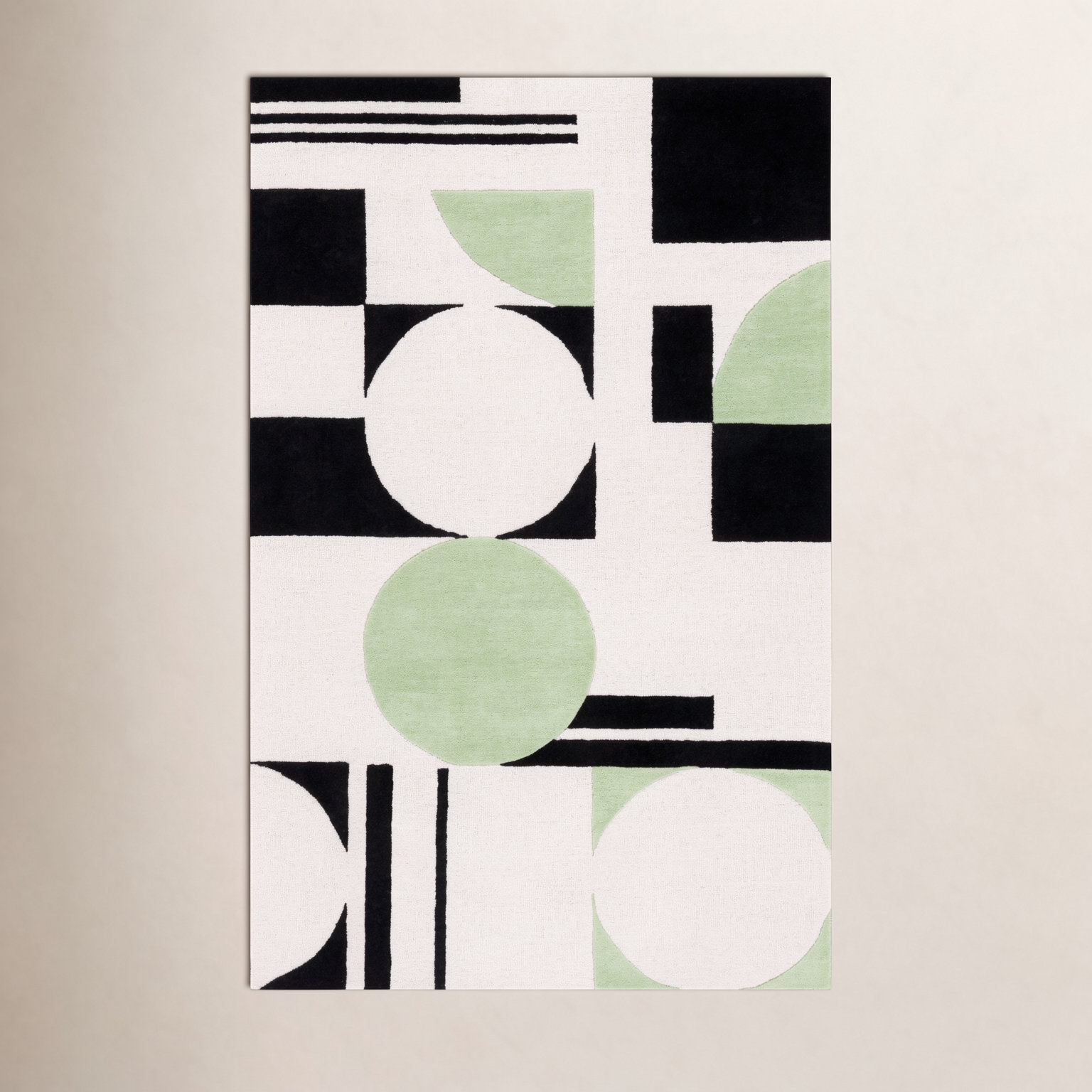 Felipe Green Black White Hand-Tufted Wool Rug, Rectangle 5' x 8'