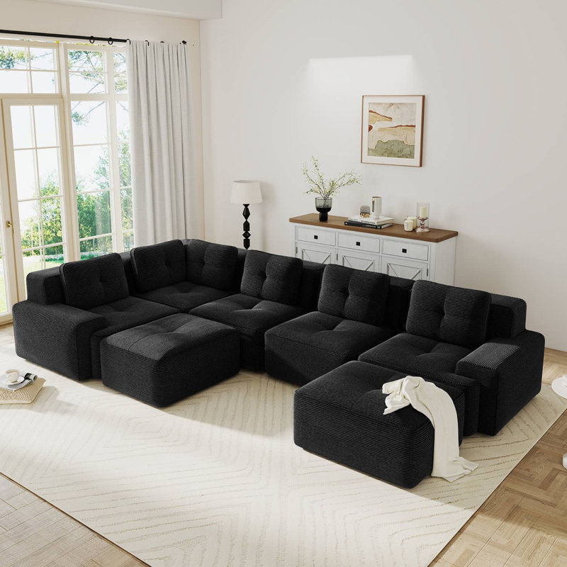 Canapé modulaire surdimensionné en velours côtelé de 116 po avec coin et repose-pieds, Velours côtelé noir