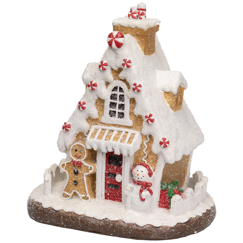 Snowy Gingerbread Peppermint House With Snowman Christmas Decoration - 11"