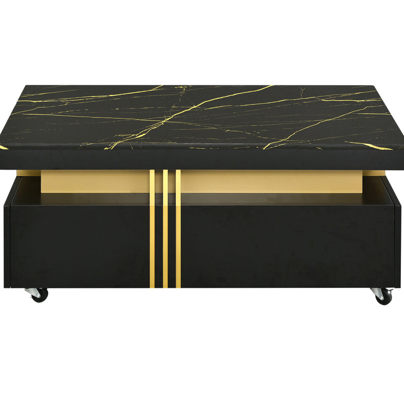 Table de centre contemporaine avec faux marbre et roulettes, roulettes noires pratiques pour le salon