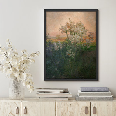 Art mural encadré de lys blancs avec coucher de soleil, impression de peinture florale impressionniste pour le décor d'un salon traditionnel ou d'une ferme romantique