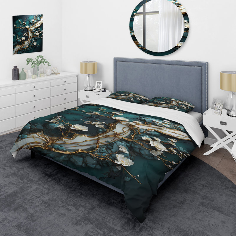 Ensemble de housse de couette Gold and Emerald, Housse de couette pour grand lit et 2 taies décor