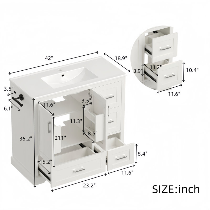Meuble-lavabo 42 po avec lavabo en céramique, armoire autoportante à 4 tiroirs, portes à fermeture douce et porte-serviettes réversible