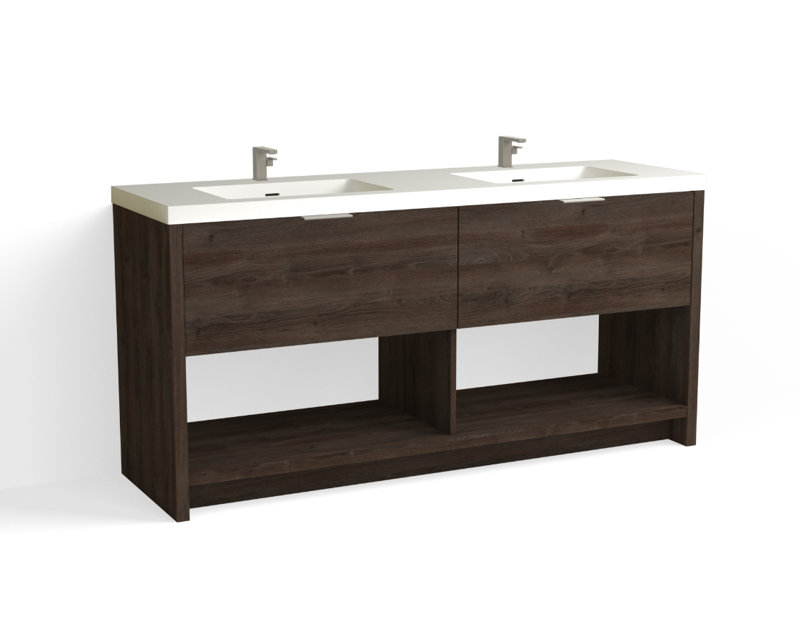 Vista 72" W Freestanding Double Bathroom Vanity, Nocino/Satin Brass, Single-Hole, White Matte
