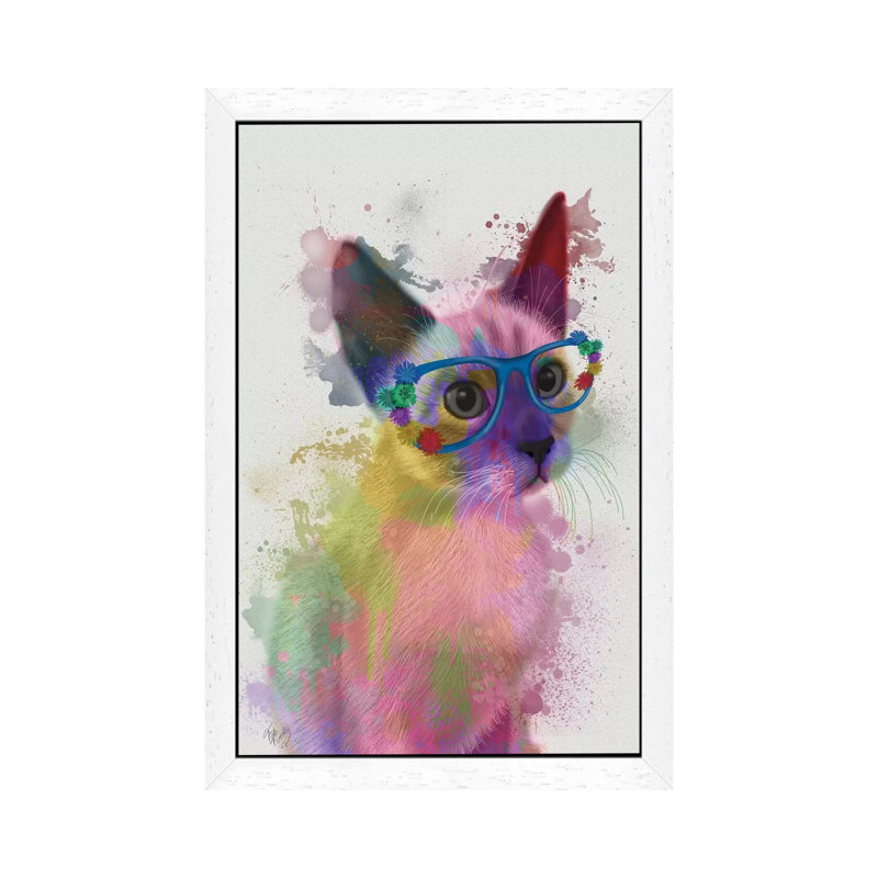 Rainbow Splash Cat II by Splash Cat II - Print on Canvas, 101.6 cm H x 66.04 cm W, White Floater Framed