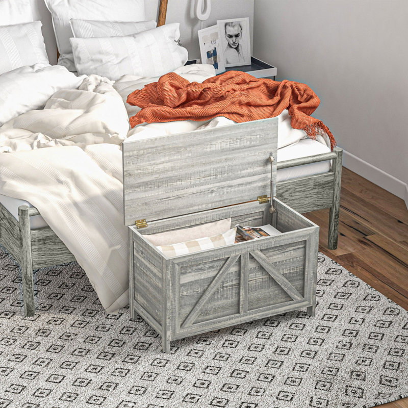 HOMCOM 30" Farmhouse Storage Chest, Lift Top Box Organizer With Safety Hinge To Open Up 100° For Bedroom, Entryway, Living Room, Gray Wood Grain
