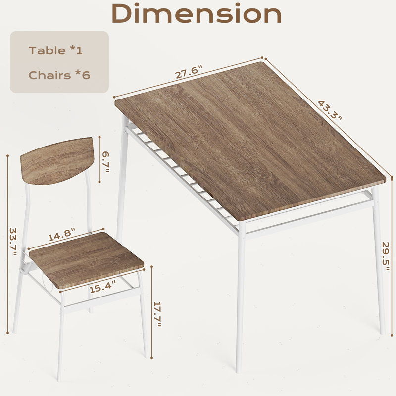 7-Piece Dining Table Set For 6, 43.3'' Kitchen Table And Wood Chairs With Storage And Backrest, Light Brown, White