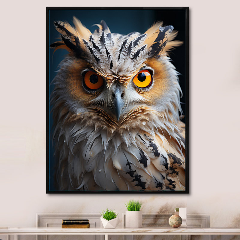«White Yellow Yellow Owl», reproduction sur toile, H 32 po x l 24 po x P 1 po, Cadre flottant noir