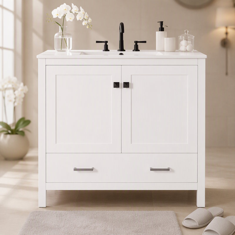Meuble-lavabo de 30 po avec lavabo simple, lavabo sous le comptoir, armoire de rangement pour la salle de bain avec 2 portes et un tiroir, fermeture en douceur, rangement multifonctionnel