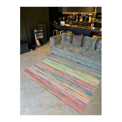 Multicolor Thin Stripes Patterned Woven Base Modern Decorative Washable Rug