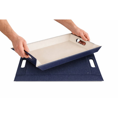 FREEFORM 2-in-1 Convertible Serving Tray & Placemat, Premium Faux Leather - Ottoman Tray, Couch Tray & Lap Tray with Handles, Reversible - Fabric Blue & Ivory, 4pc
