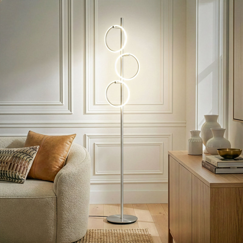 Lampe sur pied DEL moderne de 66 po avec 3 anneaux, finition argentée et gradation tactile intégrée à 3 voies Saturn, Argenté