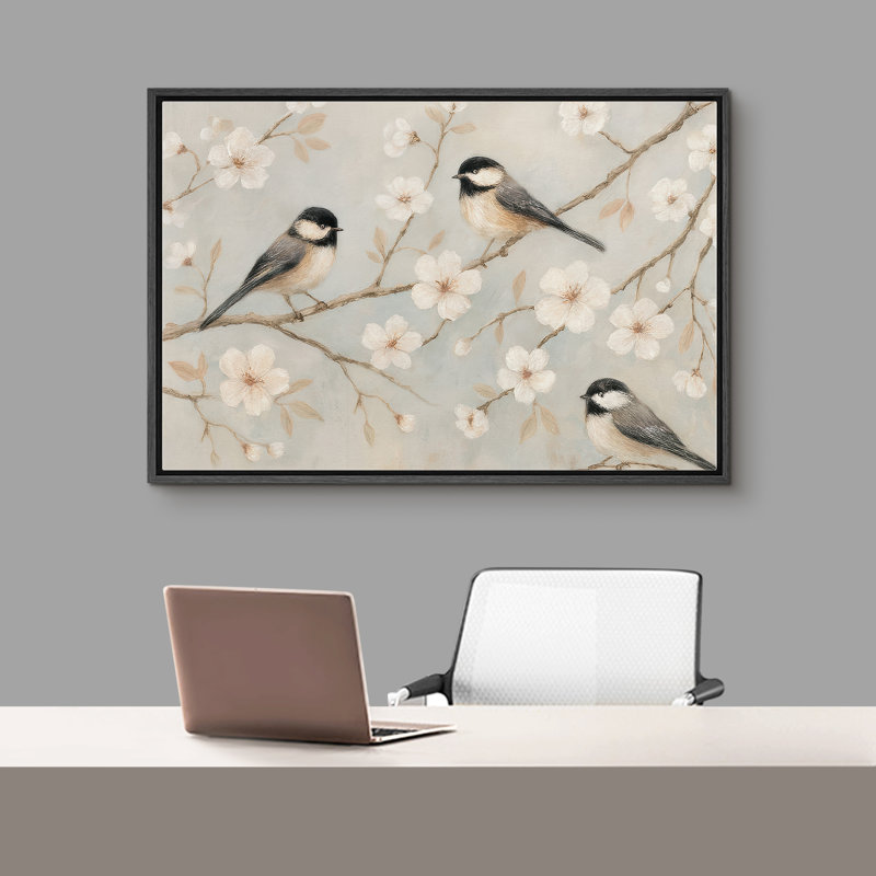 «Three Songbirds on Light Blossoming Branches in Soft Spring Tones», reproduction d'art sur toile encadrée, Structure noire