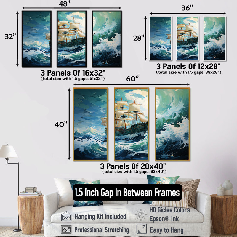 The Pirate Boat Odyssey's Voyage I - Art mural classique, Cadre flottant blanc, H 32 po x l 48 po