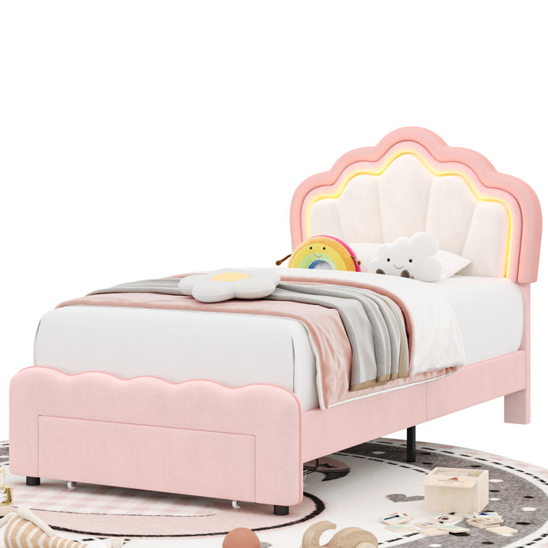 Avalie Upholstered LED Kids Bed with Drawer & Adjustable Headboard, Twin, Pink/Beige Velvet