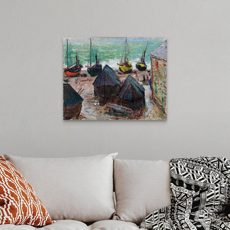 Bateaux sur la plage à Etretat - reproduction sur toile, Toile tendue, H 24 po x l 30 po x P 1,25 po