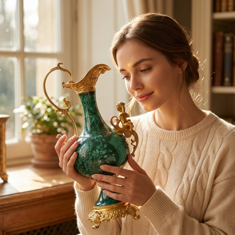 Elegant & Stylish Porcelain & Bronze Cherub Pitcher with Classic Green for Living Spaces, Bedroom