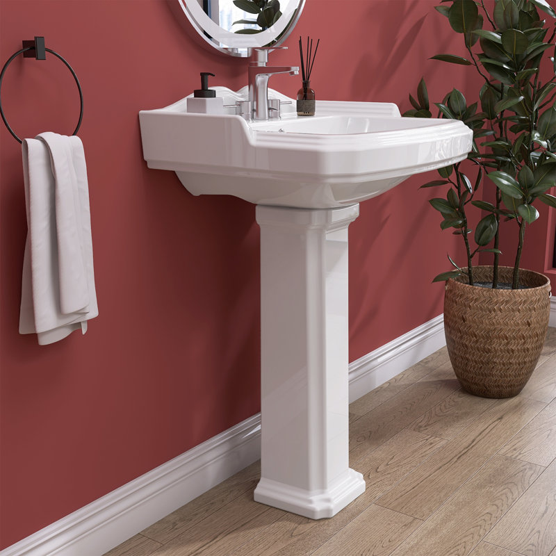 Lavabo de salle de bain piédestal l 23 po x H 35 po avec vasque rectangulaire en céramique vitrifiée blanche avec 3 trous de robinet centraux